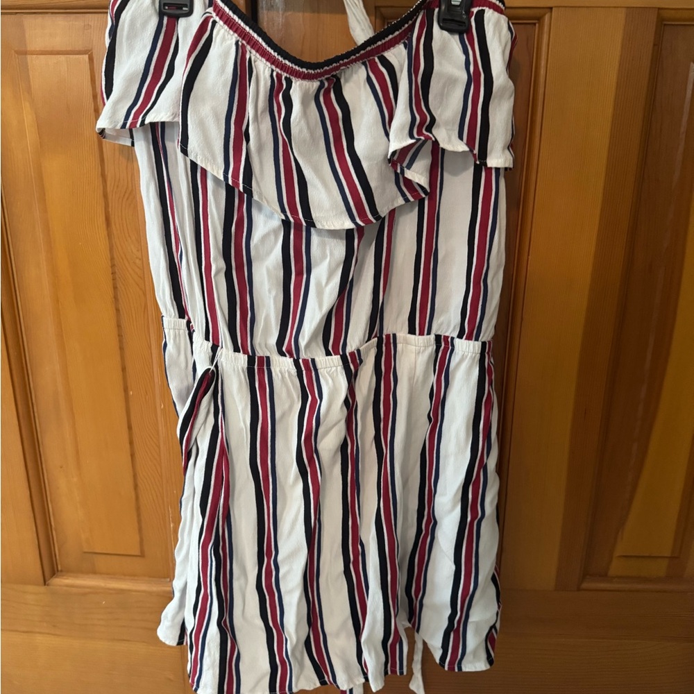 Express Strapless Dress - Red, White, and Black Stripes